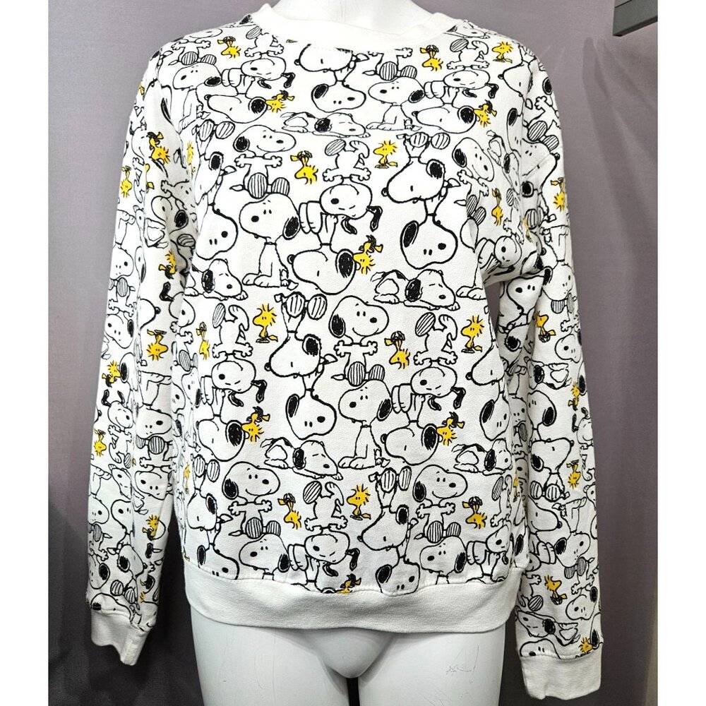 Women Snoopy Sweatshirt Crew Neck Jumper S White Black Peanuts Woodstock Cartoon